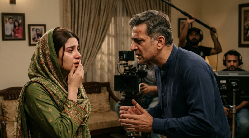 Actors perform an emotional scene as a film crew records them indoors